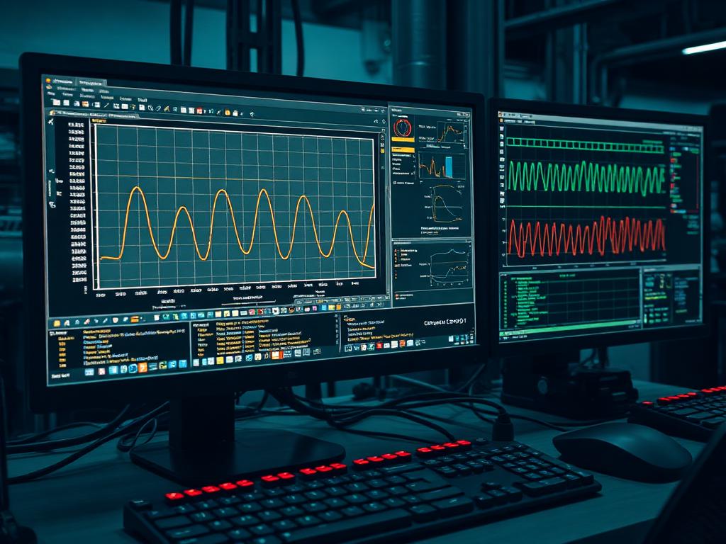 Engineering workstation showing torque curves and signal traces